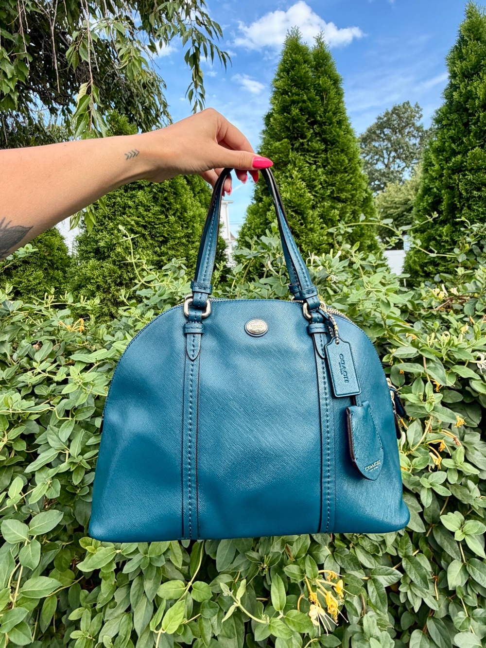 Coach Peyton Teal Blue Leather Satchel Shoulder Bag Dome Purse